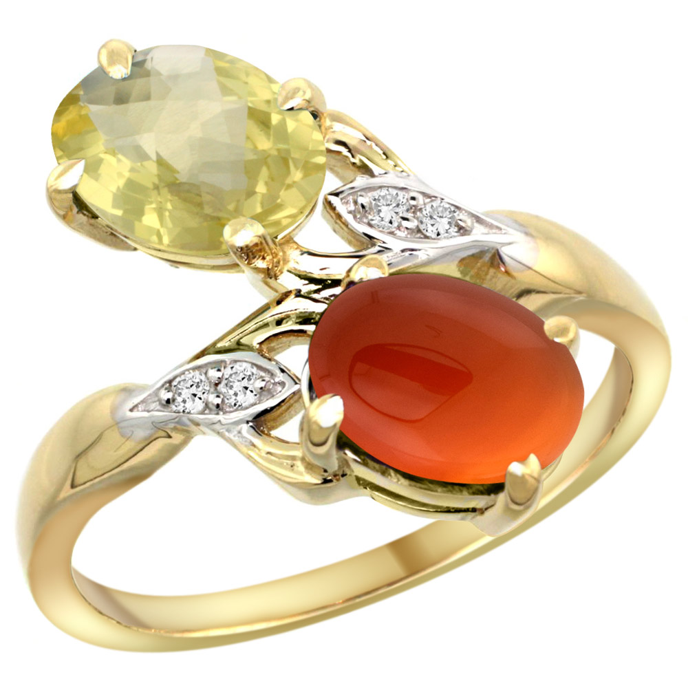 14K YELLOW GOLD DIAMOND NATURAL LEMON QUARTZ & BROWN AGATE 2-STONE RING OVAL 8X6MM, SIZES 5 - 10