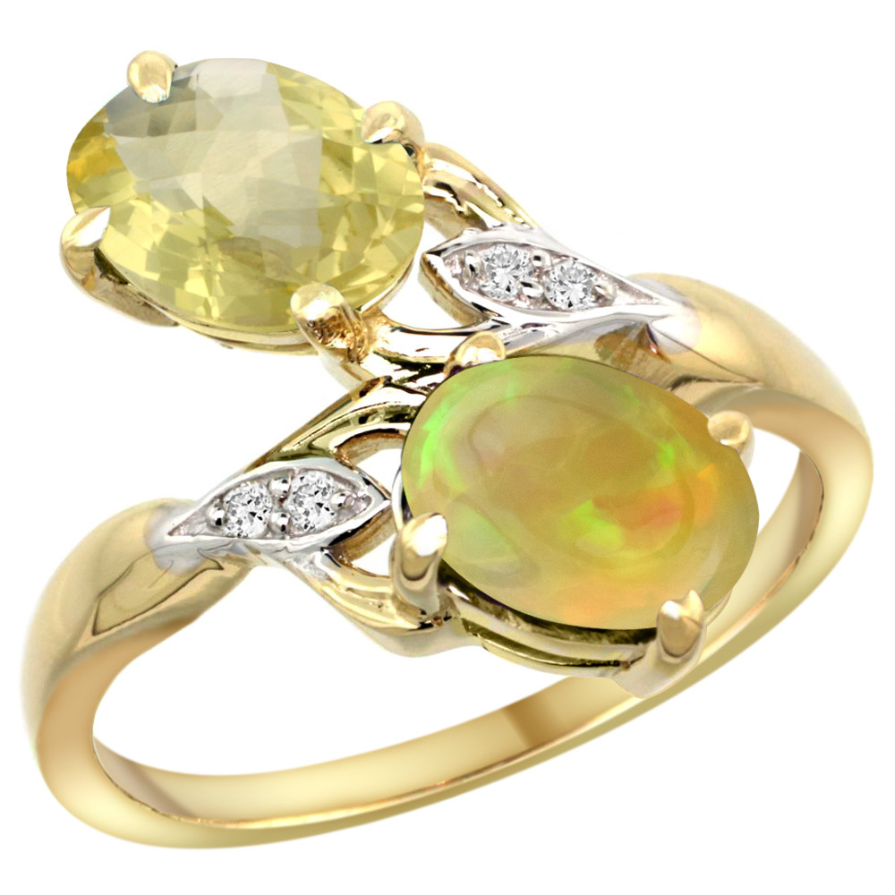 14K YELLOW GOLD DIAMOND NATURAL LEMON QUARTZ & ETHIOPIAN OPAL 2-STONE MOTHERS RING OVAL 8X6MM,SIZE5-10