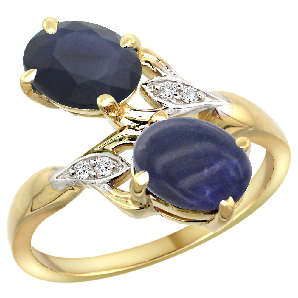 14K YELLOW GOLD DIAMOND NATURAL AUSTRALIAN SAPPHIRE & LAPIS 2-STONE RING OVAL 8X6MM, SIZES 5 - 10