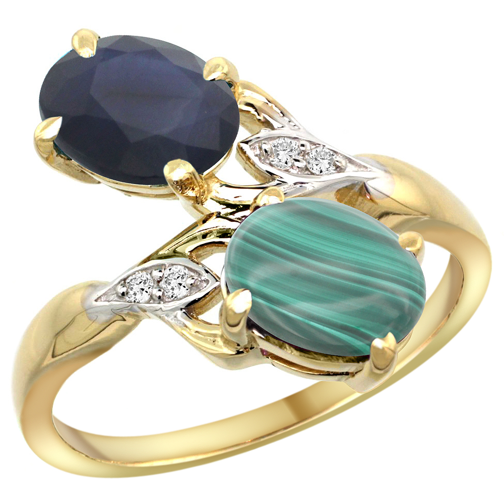 10K Yellow Gold Diamond Natural Australian Sapphire & Malachite 2-stone Ring Oval 8x6mm, sizes 5 - 10