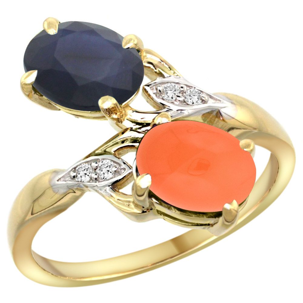 14K YELLOW GOLD DIAMOND NATURAL AUSTRALIAN SAPPHIRE & ORANGE MOONSTONE 2-STONE RING OVAL 8X6MM, SIZES 5 - 10