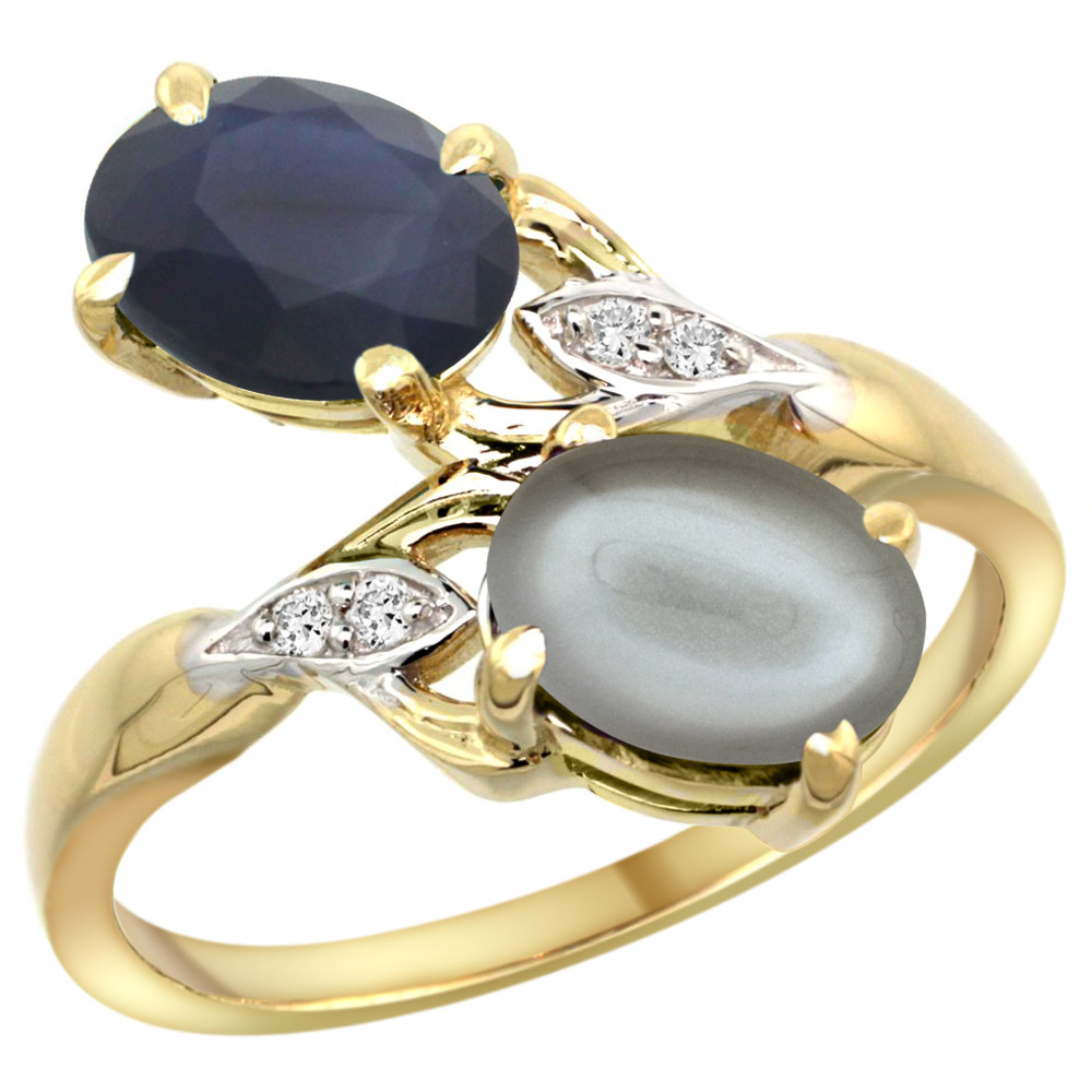 14K YELLOW GOLD DIAMOND NATURAL AUSTRALIAN SAPPHIRE & GRAY MOONSTONE 2-STONE RING OVAL 8X6MM, SIZES 5 - 10