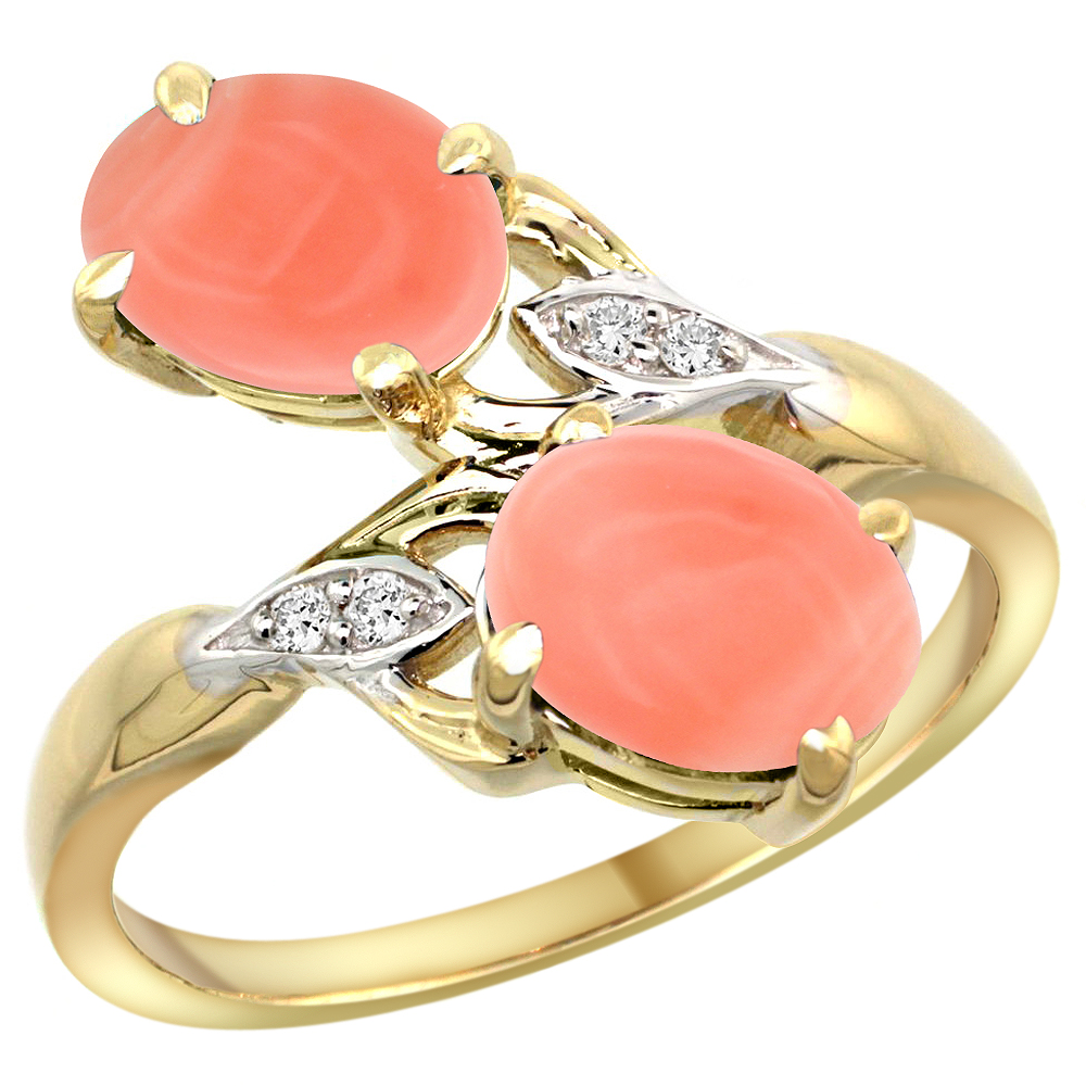 14K YELLOW GOLD DIAMOND NATURAL CORAL 2-STONE RING OVAL 8X6MM, SIZES 5 - 10