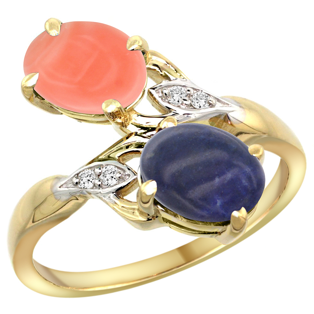 14K YELLOW GOLD DIAMOND NATURAL CORAL & LAPIS 2-STONE RING OVAL 8X6MM, SIZES 5 - 10