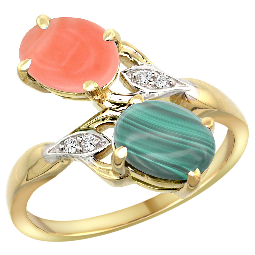 10K Yellow Gold Diamond Natural Coral &amp; Malachite 2-stone Ring Oval 8x6mm, sizes 5 - 10