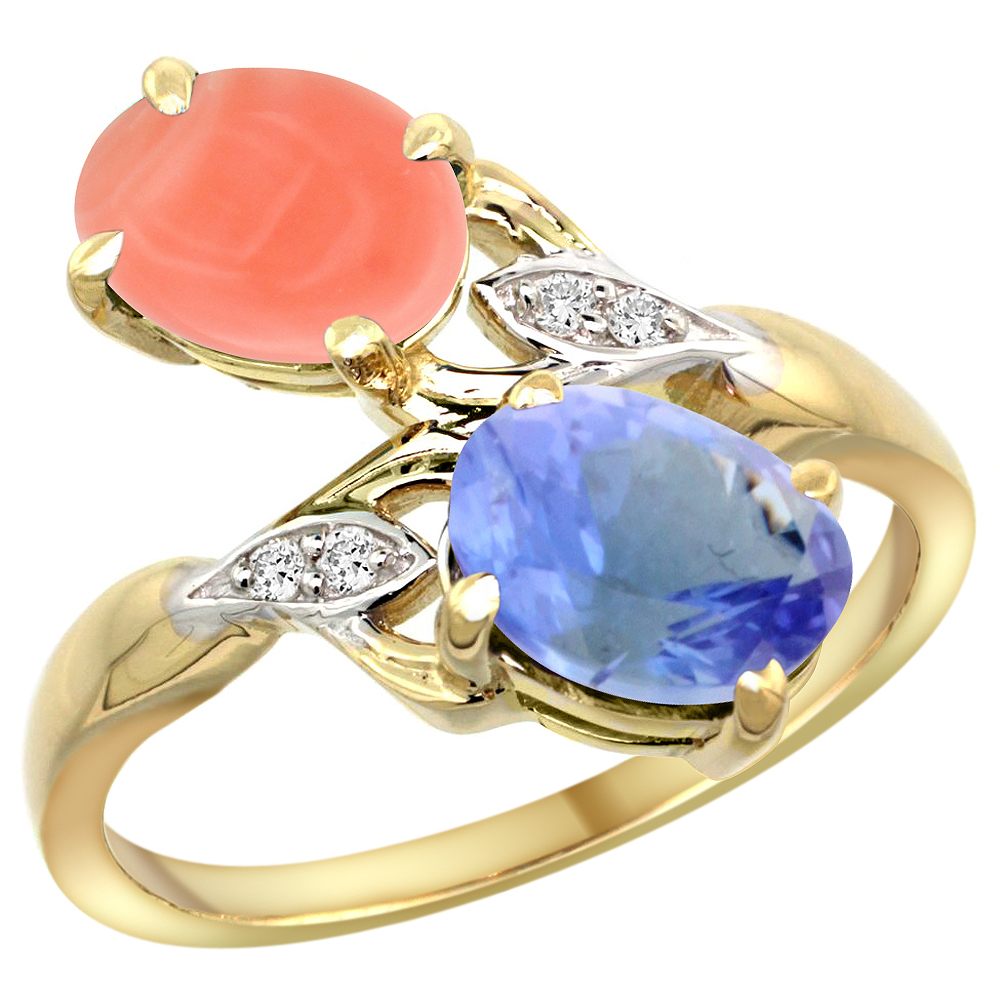 14K YELLOW GOLD DIAMOND NATURAL CORAL & TANZANITE 2-STONE RING OVAL 8X6MM, SIZES 5 - 10