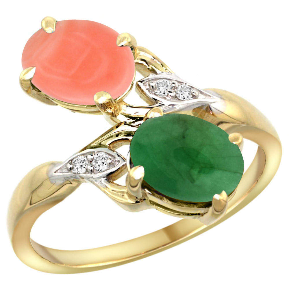 14K YELLOW GOLD DIAMOND NATURAL CORAL & CABOCHON EMERALD 2-STONE RING OVAL 8X6MM, SIZES 5 - 10