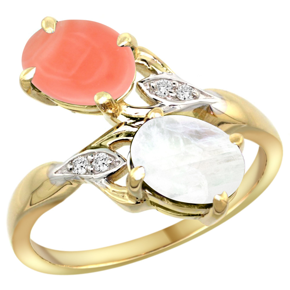 14K YELLOW GOLD DIAMOND NATURAL CORAL & RAINBOW MOONSTONE 2-STONE RING OVAL 8X6MM, SIZES 5 - 10