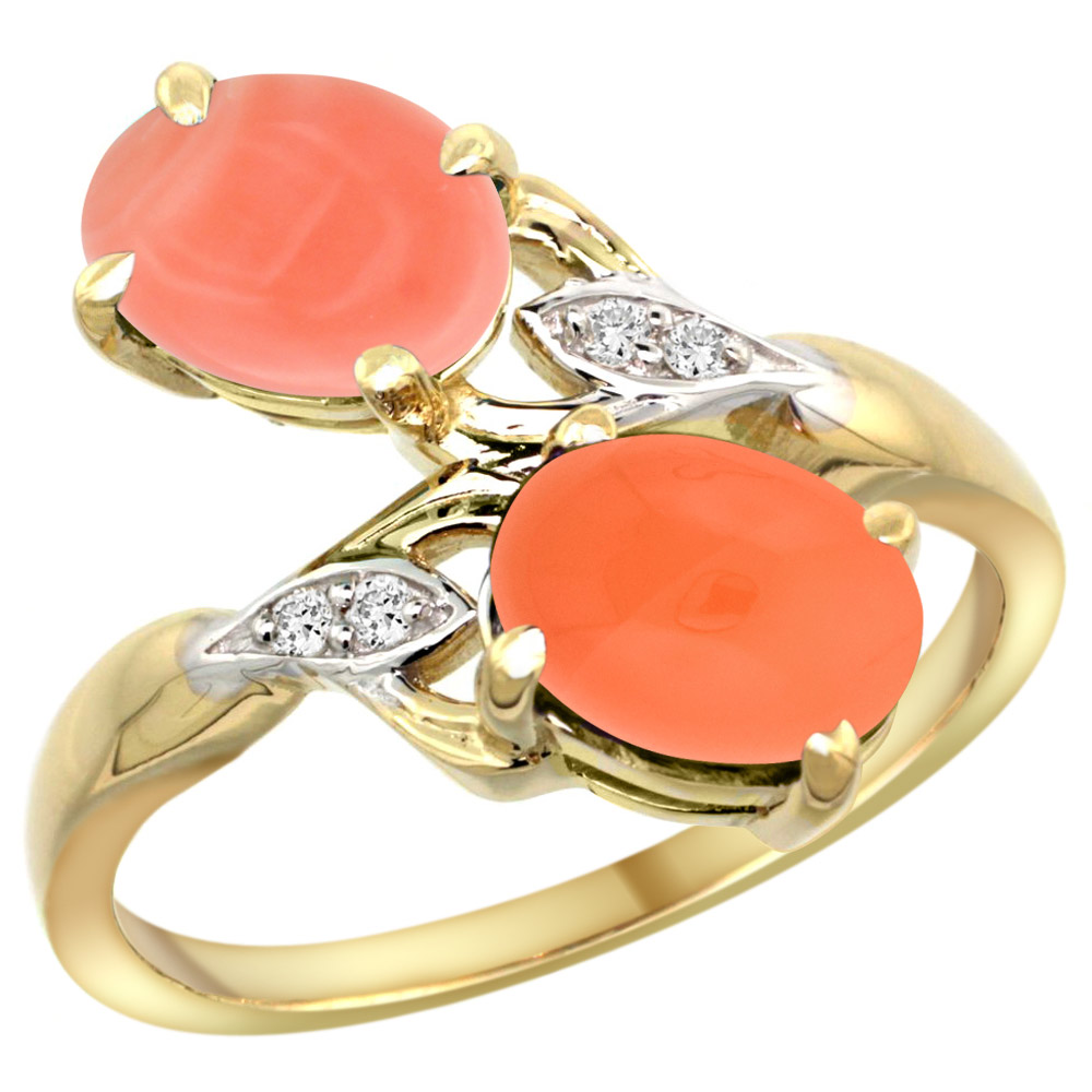 14K YELLOW GOLD DIAMOND NATURAL CORAL & ORANGE MOONSTONE 2-STONE RING OVAL 8X6MM, SIZES 5 - 10