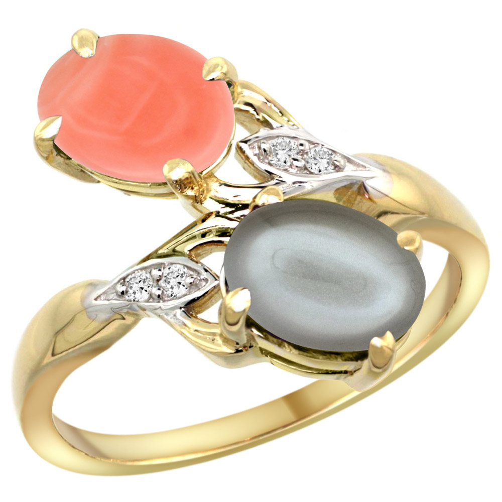 14K YELLOW GOLD DIAMOND NATURAL CORAL & GRAY MOONSTONE 2-STONE RING OVAL 8X6MM, SIZES 5 - 10
