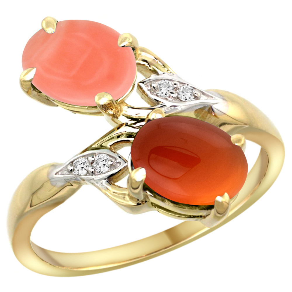 14K YELLOW GOLD DIAMOND NATURAL CORAL & BROWN AGATE 2-STONE RING OVAL 8X6MM, SIZES 5 - 10