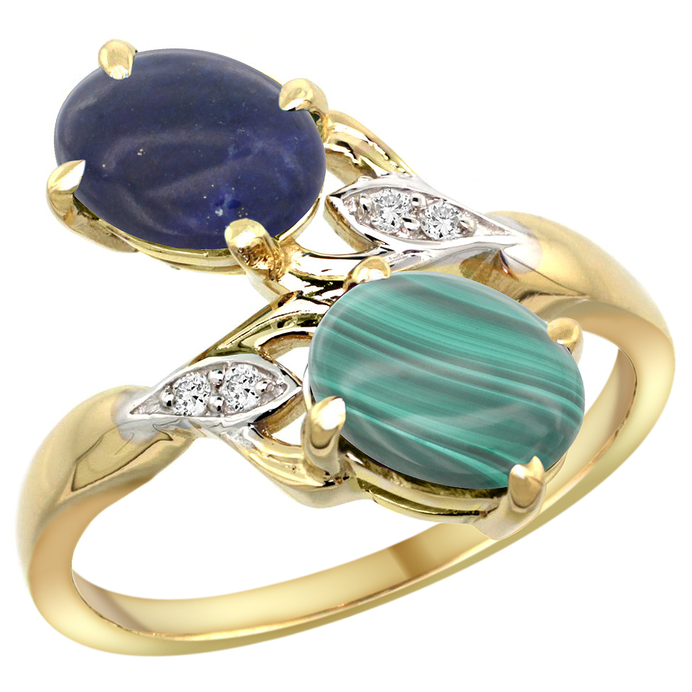 10K YELLOW GOLD DIAMOND NATURAL LAPIS & MALACHITE 2-STONE RING OVAL 8X6MM, SIZES 5 - 10