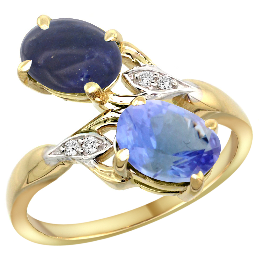 10K Yellow Gold Diamond Natural Lapis & Tanzanite 2-stone Ring Oval 8x6mm, sizes 5 - 10