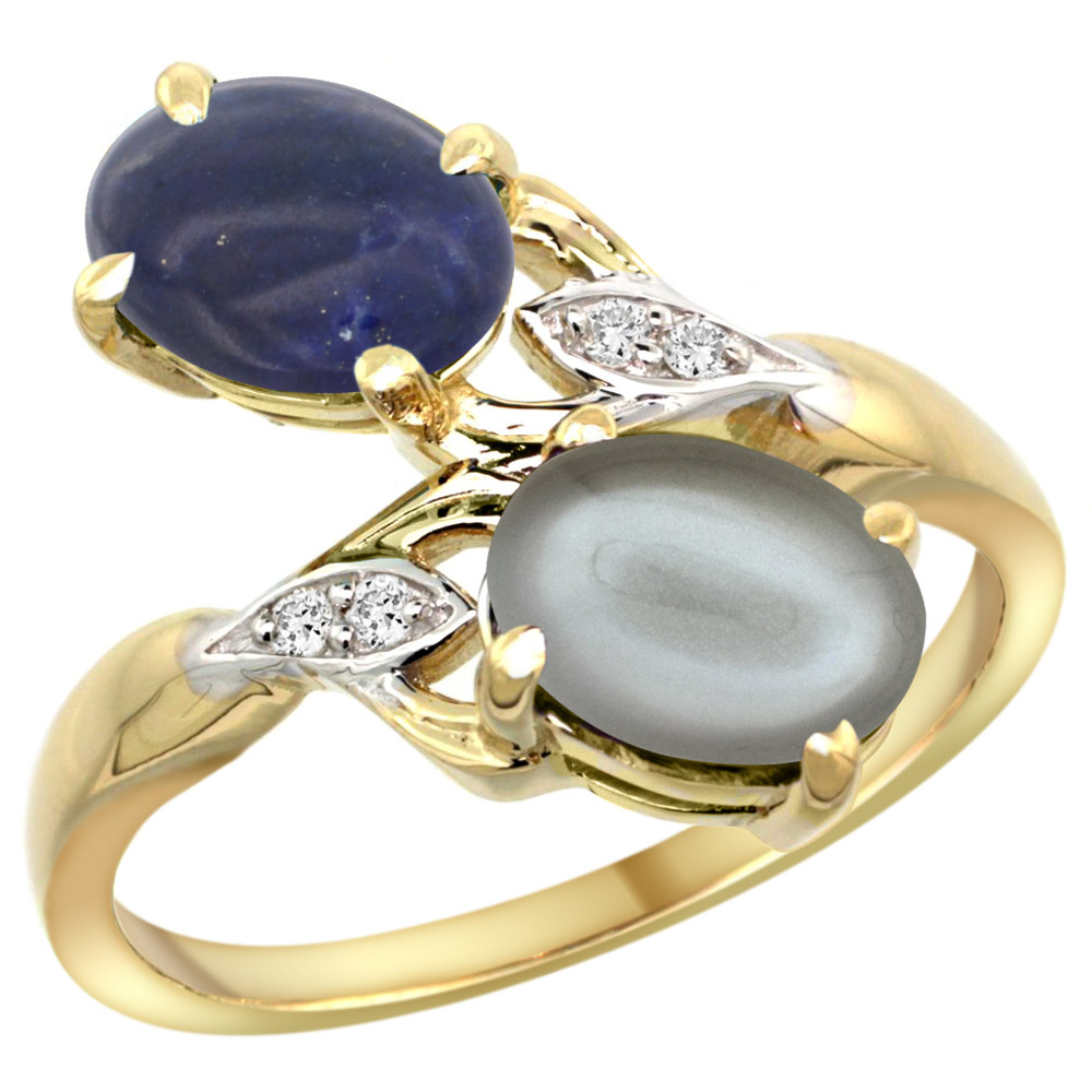 10K YELLOW GOLD DIAMOND NATURAL LAPIS & GRAY MOONSTONE 2-STONE RING OVAL 8X6MM, SIZES 5 - 10