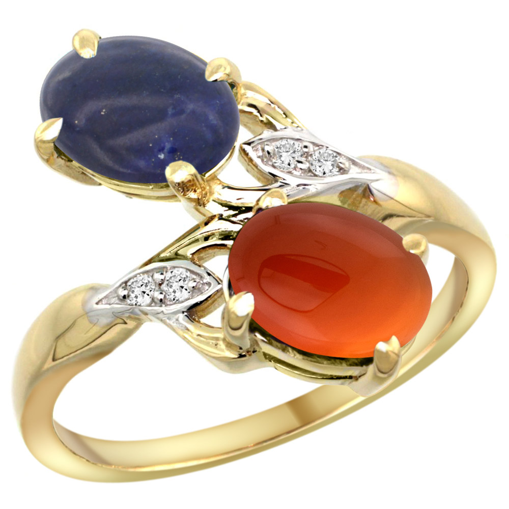 10K YELLOW GOLD DIAMOND NATURAL LAPIS & BROWN AGATE 2-STONE RING OVAL 8X6MM, SIZES 5 - 10