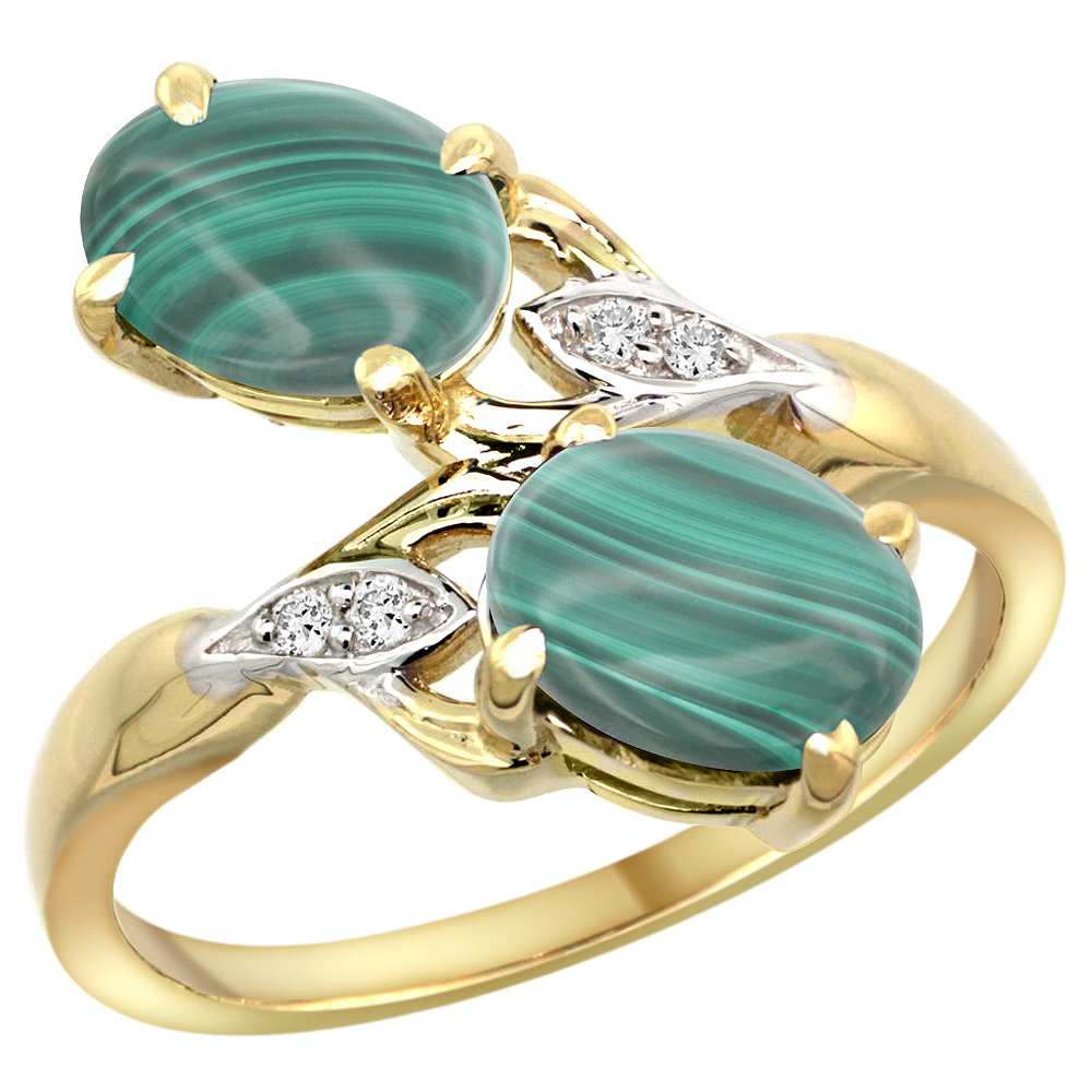 10K Yellow Gold Diamond Natural Malachite 2-stone Ring Oval 8x6mm, sizes 5 - 10