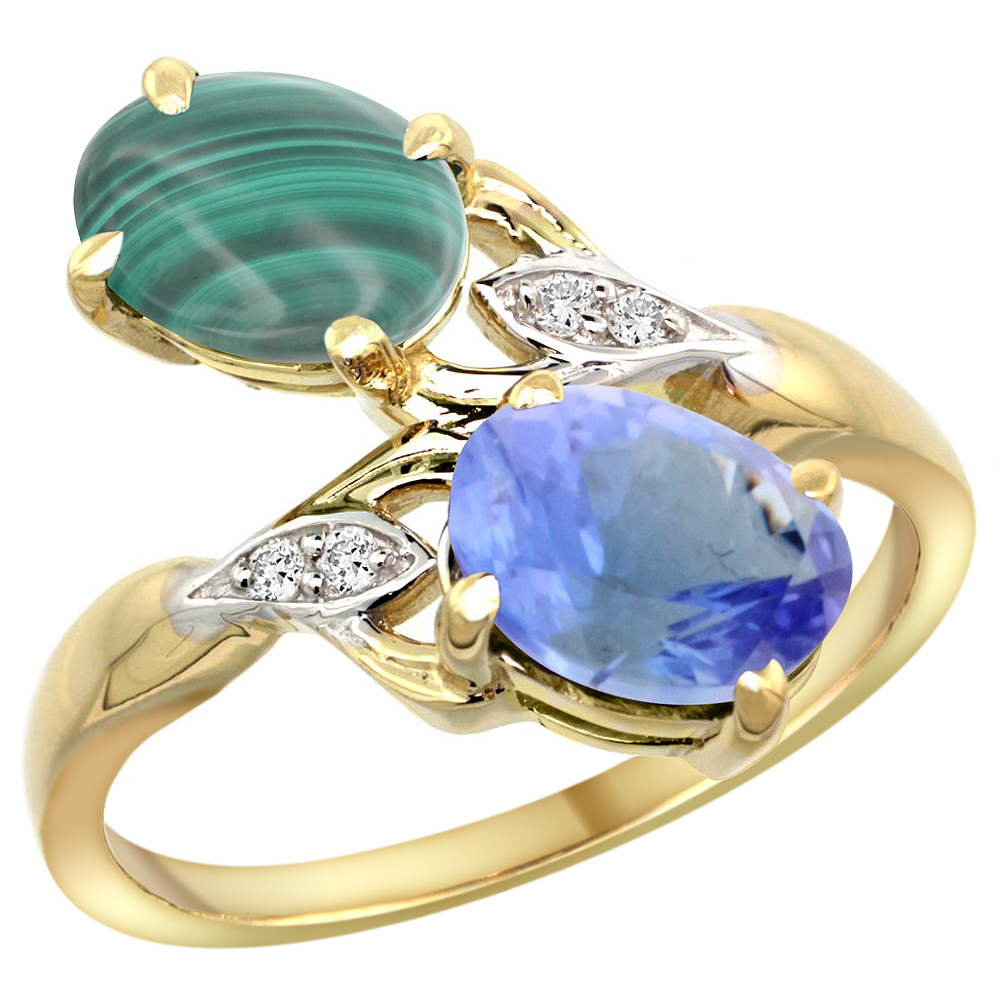 10K Yellow Gold Diamond Natural Malachite & Tanzanite 2-stone Ring Oval 8x6mm, sizes 5 - 10