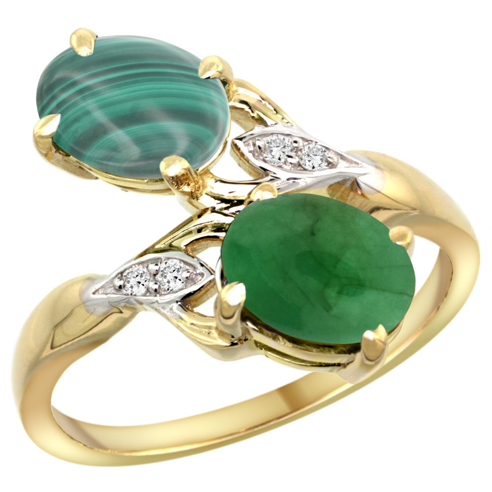 10K YELLOW GOLD DIAMOND NATURAL MALACHITE & CABOCHON EMERALD 2-STONE RING OVAL 8X6MM, SIZES 5 - 10