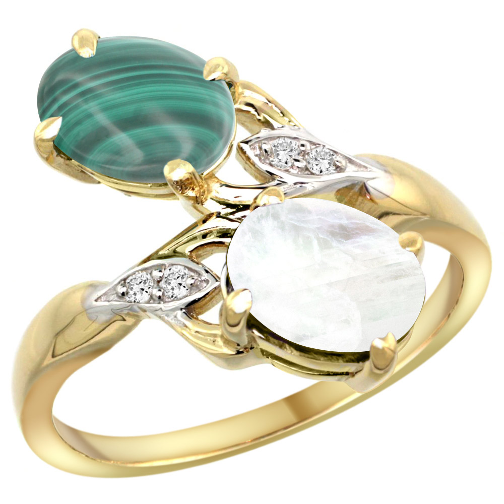 10K Yellow Gold Diamond Natural Malachite & Rainbow Moonstone 2-stone Ring Oval 8x6mm, sizes 5 - 10