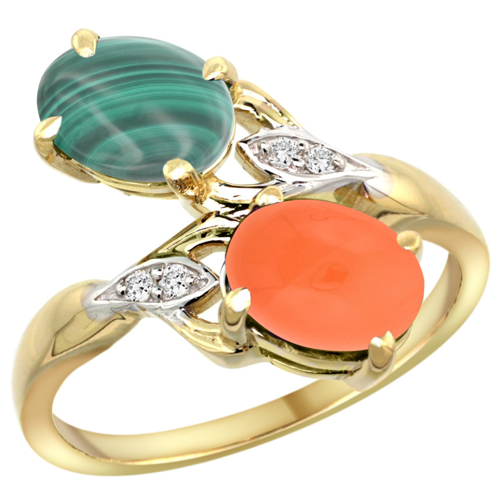 10K YELLOW GOLD DIAMOND NATURAL MALACHITE & ORANGE MOONSTONE 2-STONE RING OVAL 8X6MM, SIZES 5 - 10