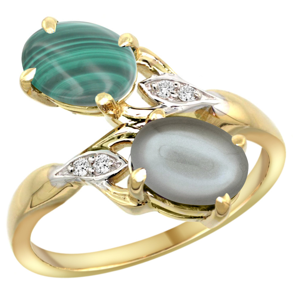 10K YELLOW GOLD DIAMOND NATURAL MALACHITE & GRAY MOONSTONE 2-STONE RING OVAL 8X6MM, SIZES 5 - 10