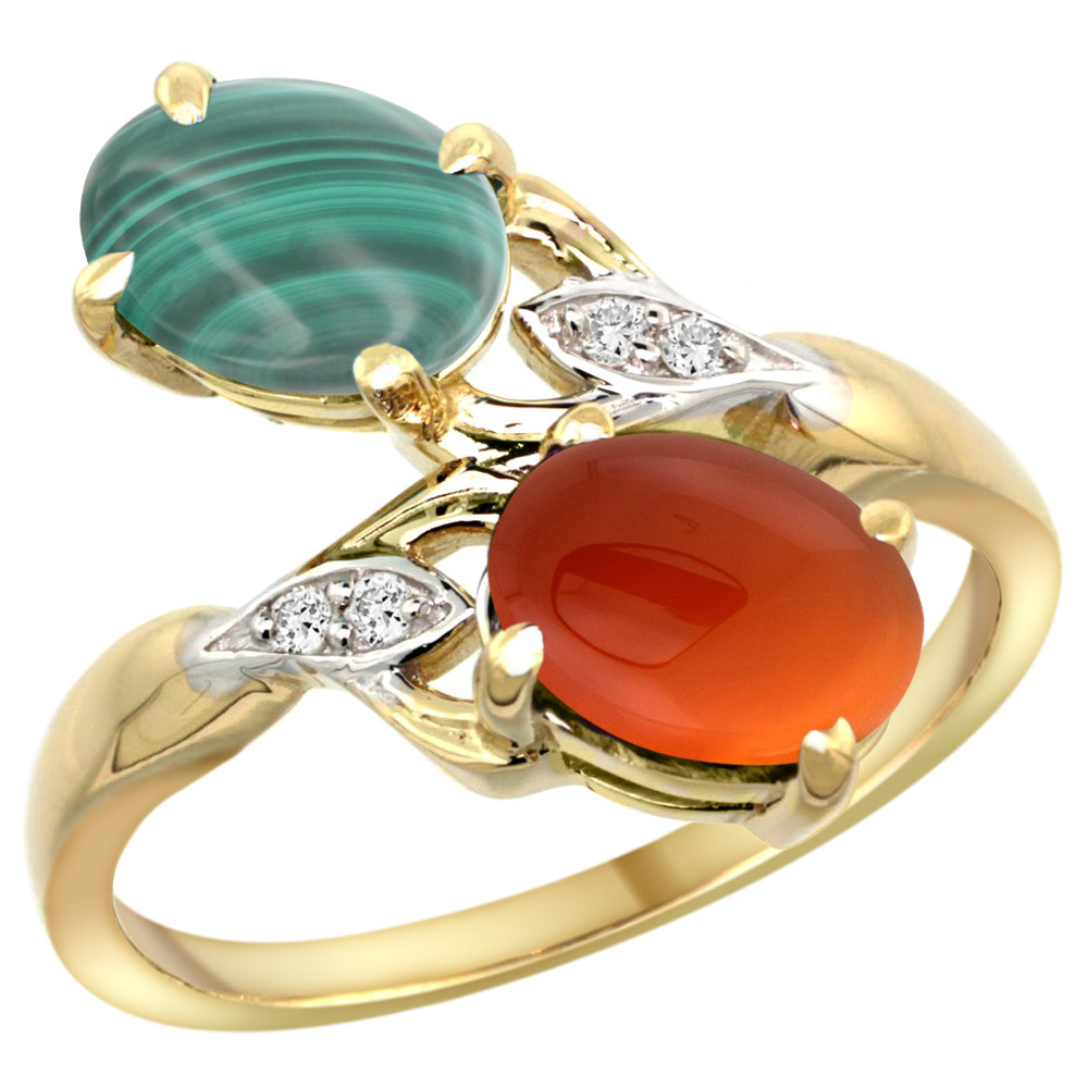 10K YELLOW GOLD DIAMOND NATURAL MALACHITE & BROWN AGATE 2-STONE RING OVAL 8X6MM, SIZES 5 - 10