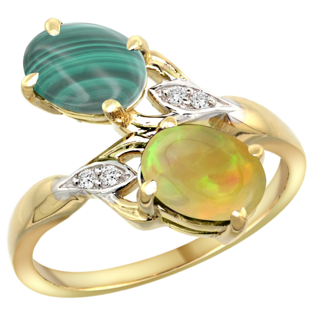 10K Yellow Gold Diamond Natural Malachite & Ethiopian Opal 2-stone Mothers Ring Oval 8x6mm, size 5 - 10