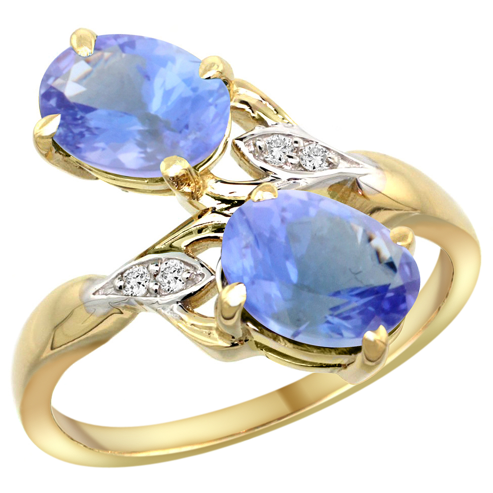 10K Yellow Gold Diamond Natural Tanzanite 2-stone Ring Oval 8x6mm, sizes 5 - 10