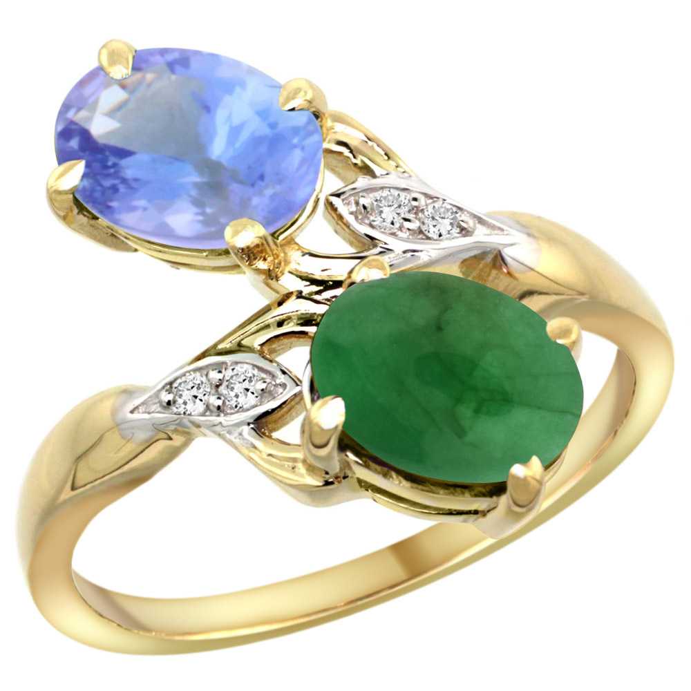 10K YELLOW GOLD DIAMOND NATURAL TANZANITE & CABOCHON EMERALD 2-STONE RING OVAL 8X6MM, SIZES 5 - 10