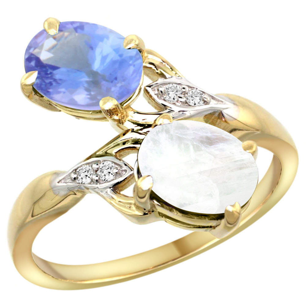 10K Yellow Gold Diamond Natural Tanzanite & Rainbow Moonstone 2-stone Ring Oval 8x6mm, sizes 5 - 10