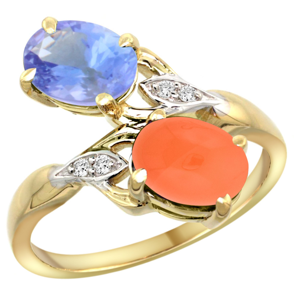 10K YELLOW GOLD DIAMOND NATURAL TANZANITE & ORANGE MOONSTONE 2-STONE RING OVAL 8X6MM, SIZES 5 - 10