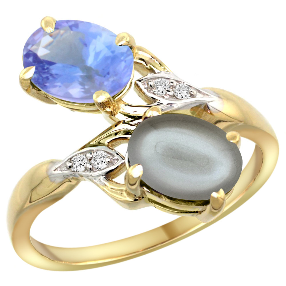 10K Yellow Gold Diamond Natural Tanzanite & Gray Moonstone 2-stone Ring Oval 8x6mm, sizes 5 - 10