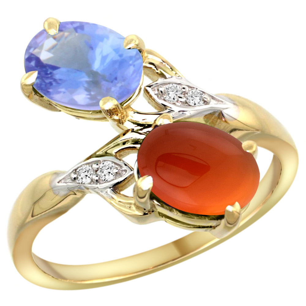 10K YELLOW GOLD DIAMOND NATURAL TANZANITE & BROWN AGATE 2-STONE RING OVAL 8X6MM, SIZES 5 - 10