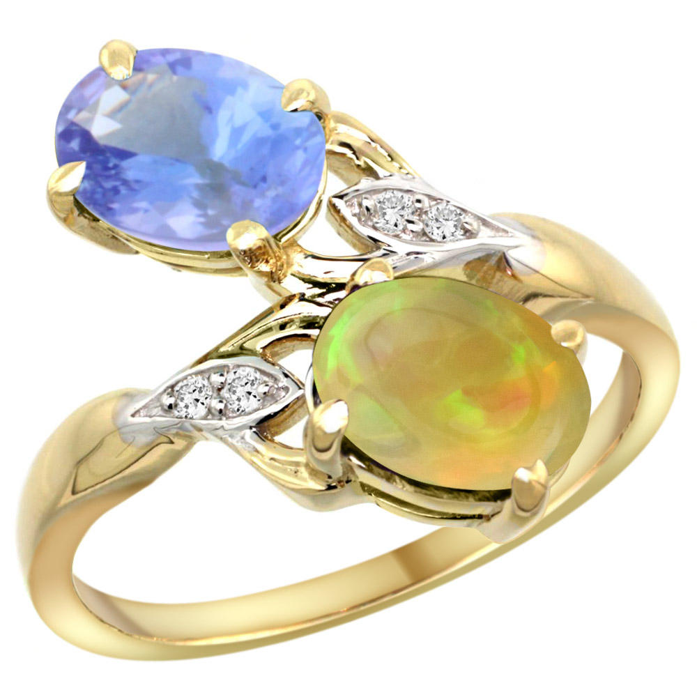 10K YELLOW GOLD DIAMOND NATURAL TANZANITE & ETHIOPIAN OPAL 2-STONE MOTHERS RING OVAL 8X6MM, SIZE 5 - 10