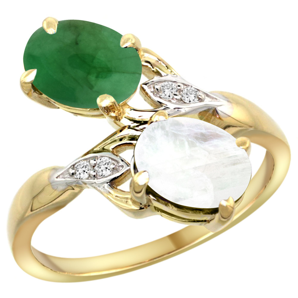 10K YELLOW GOLD DIAMOND NATURAL CABOCHON EMERALD & RAINBOW MOONSTONE 2-STONE RING OVAL 8X6MM, SIZES 5 - 10