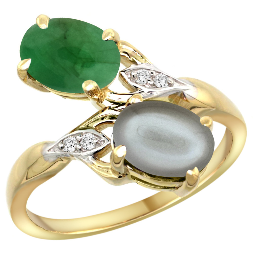 10K YELLOW GOLD DIAMOND NATURAL CABOCHON EMERALD & GRAY MOONSTONE 2-STONE RING OVAL 8X6MM, SIZES 5 - 10