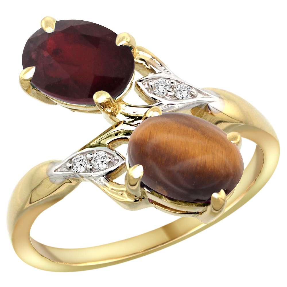 10K YELLOW GOLD DIAMOND NATURAL RUBY TIGER EYE 2-STONE MOTHERS RING OVAL 8X6MM SIZE 5 - 10