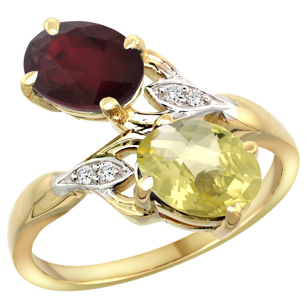 10K YELLOW GOLD DIAMOND NATURAL RUBY LEMON QUARTZ 2-STONE MOTHERS RING OVAL 8X6MM SIZE 5 - 10
