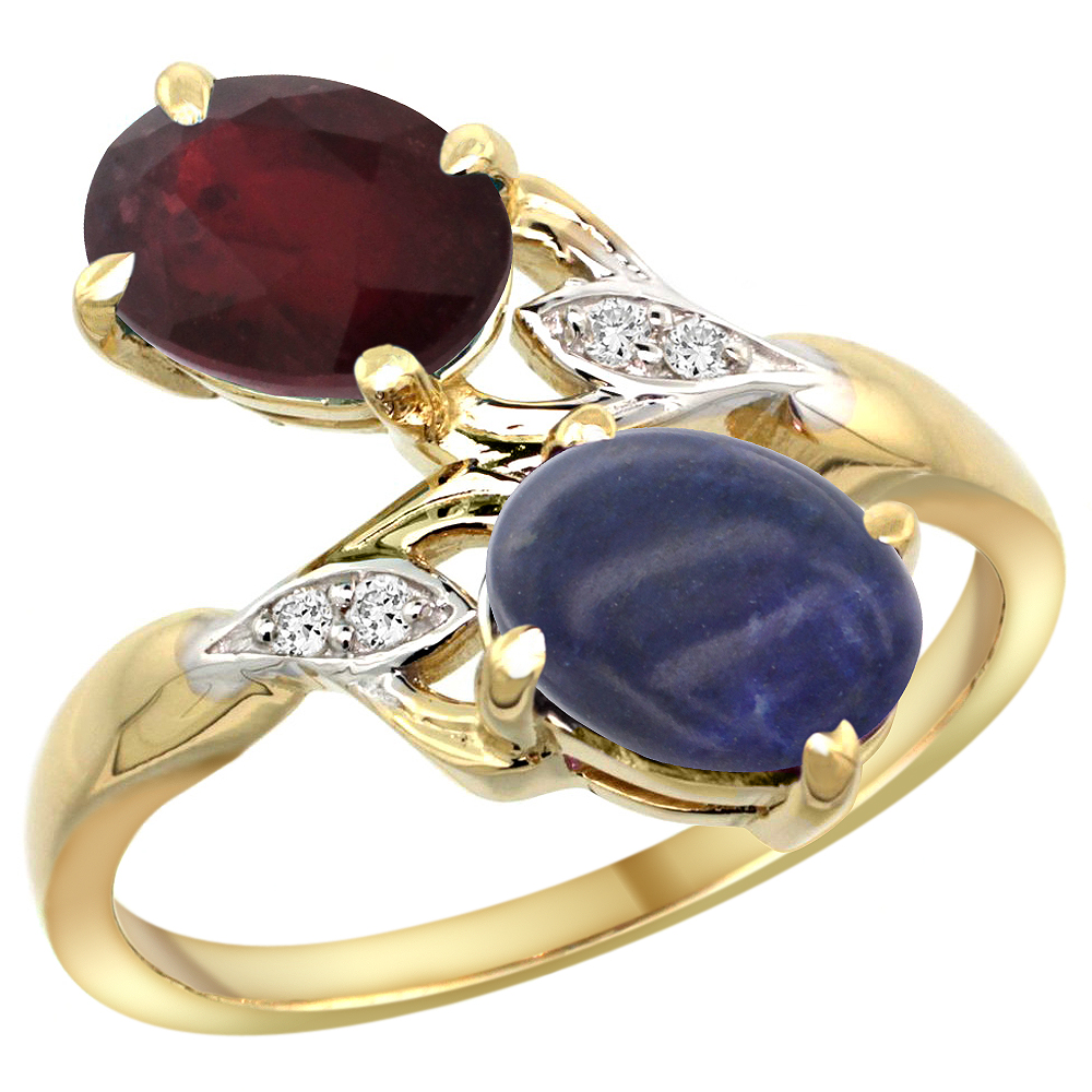10K YELLOW GOLD DIAMOND NATURAL RUBY LAPIS 2-STONE MOTHERS RING OVAL 8X6MM SIZE 5 - 10