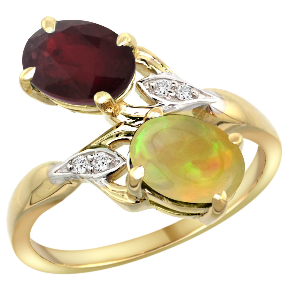 10K YELLOW GOLD DIAMOND NATURAL RUBY ETHIOPIAN OPAL 2-STONE MOTHERS RING OVAL 8X6MM SIZE 5 - 10