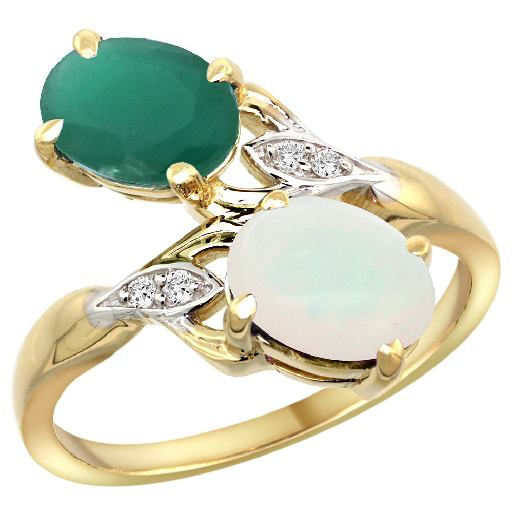 10K YELLOW GOLD DIAMOND NATURAL EMERALD OPAL 2-STONE MOTHERS RING OVAL 8X6MM SIZE 5 - 10