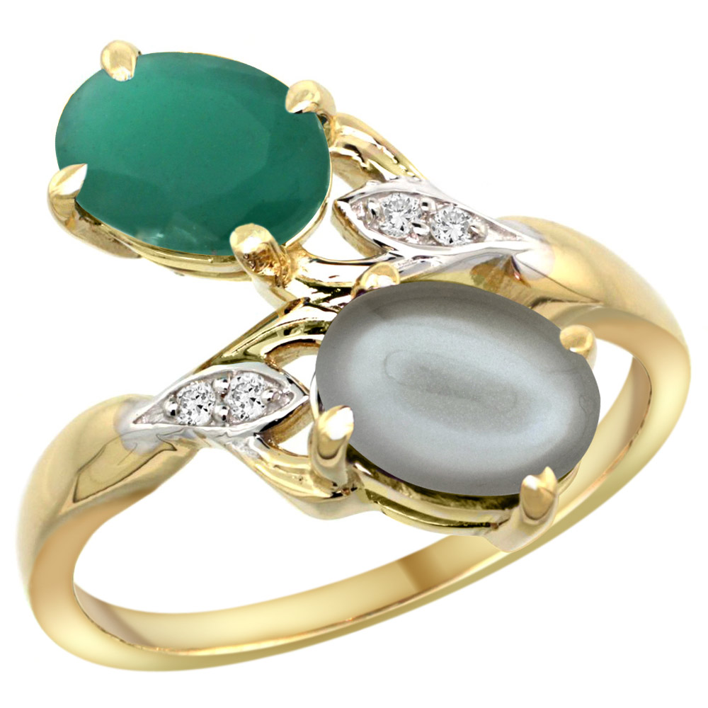 10K YELLOW GOLD DIAMOND NATURAL EMERALD GRAY MOONSTONE 2-STONE MOTHERS RING OVAL 8X6MM SIZE 5 - 10
