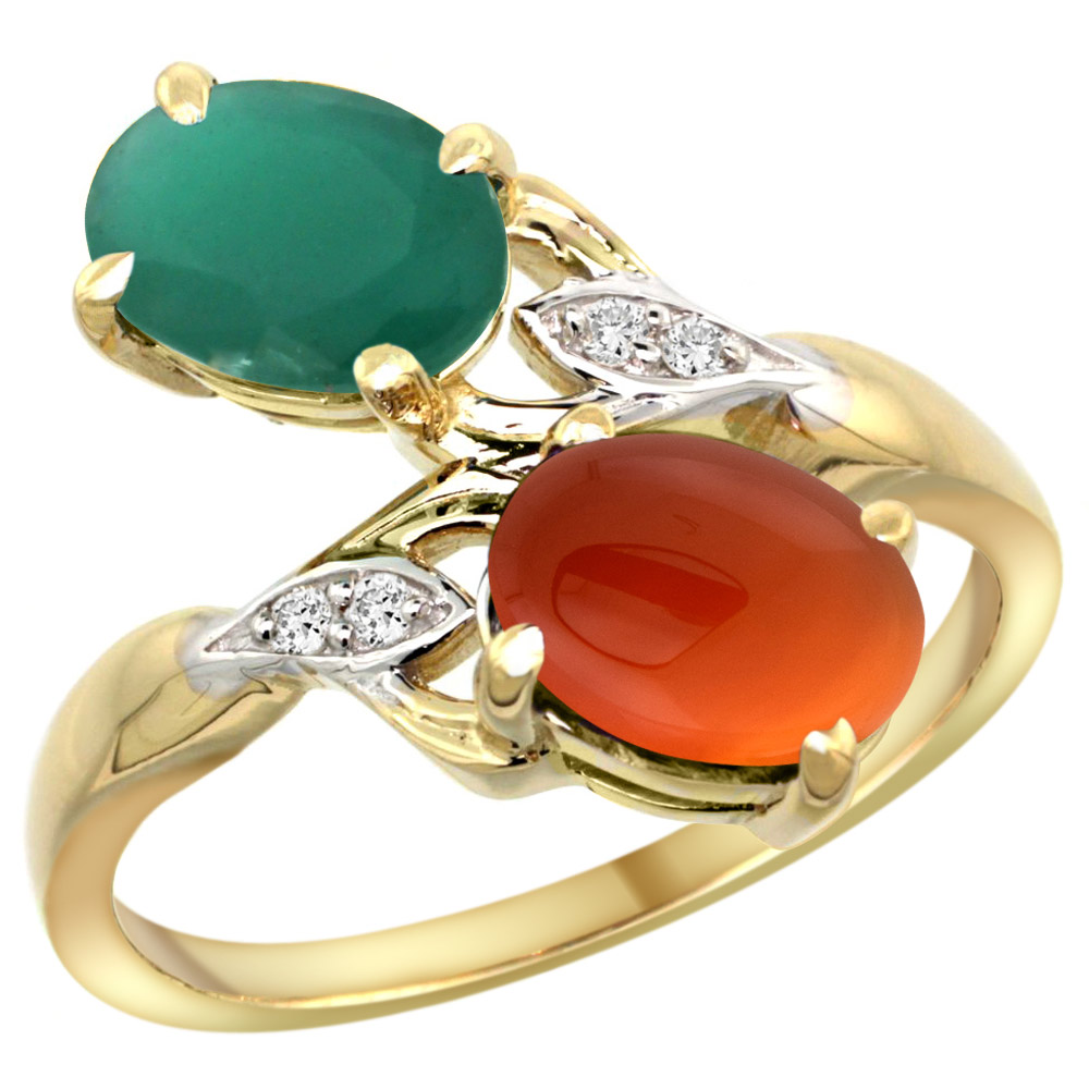 10K YELLOW GOLD DIAMOND NATURAL EMERALD BROWN AGATE 2-STONE MOTHERS RING OVAL 8X6MM SIZE 5 - 10