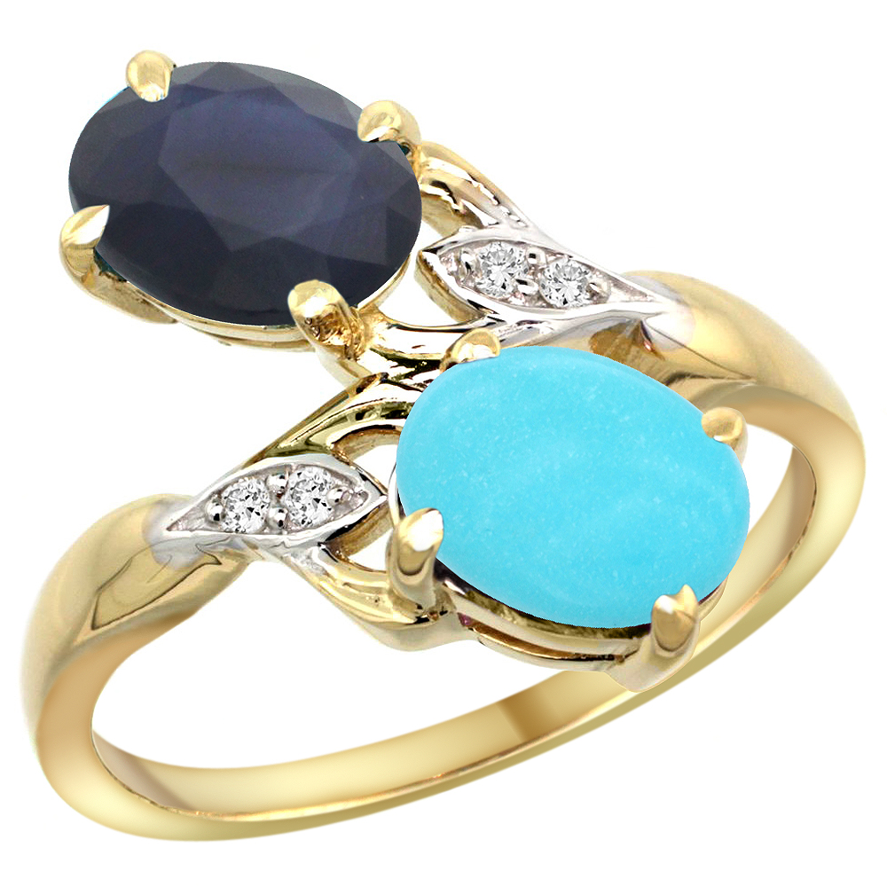 10K Yellow Gold Diamond Natural Quality Blue Sapphire & Turquoise 2-stone Mothers Ring Oval 8x6mm,sz 5-10