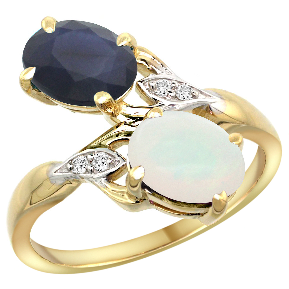 10K Yellow Gold Diamond Natural Quality Blue Sapphire & Opal 2-stone Mothers Ring Oval 8x6mm, size 5 - 10