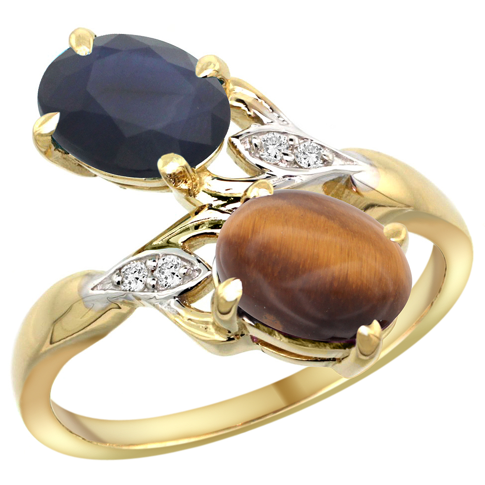 10K YELLOW GOLD DIAMOND NATURAL BLUE SAPPHIRE TIGER EYE 2-STONE MOTHERS RING OVAL 8X6MM SIZE 5-10