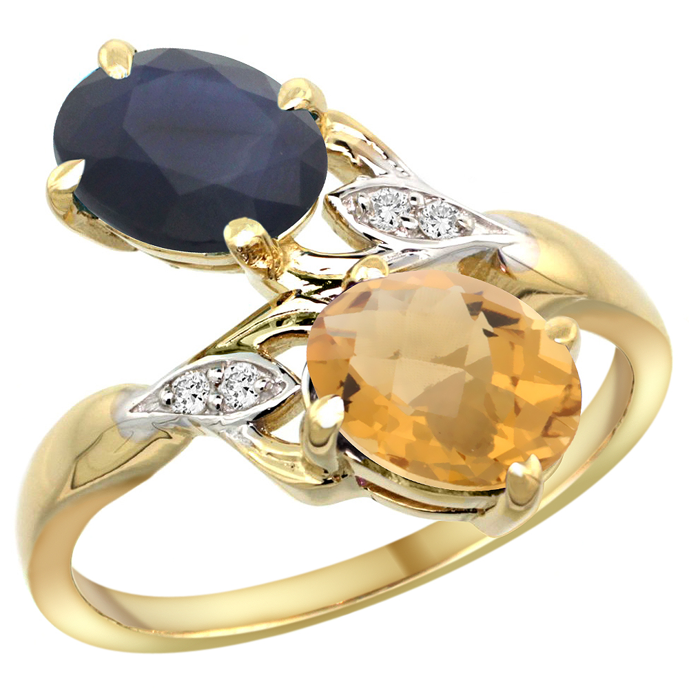 10K Yellow Gold Diamond Natural Quality Blue Sapphire&Whisky Quartz 2-stone Mothers Ring Oval8x6mm,sz5-10