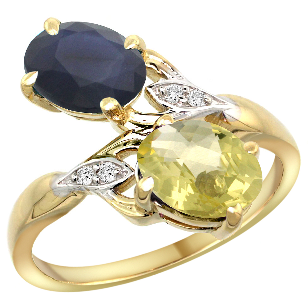 10K Yellow Gold Diamond Natural Quality Blue Sapphire &Lemon Quartz 2-stone Mothers Ring Oval8x6mm,sz5-10