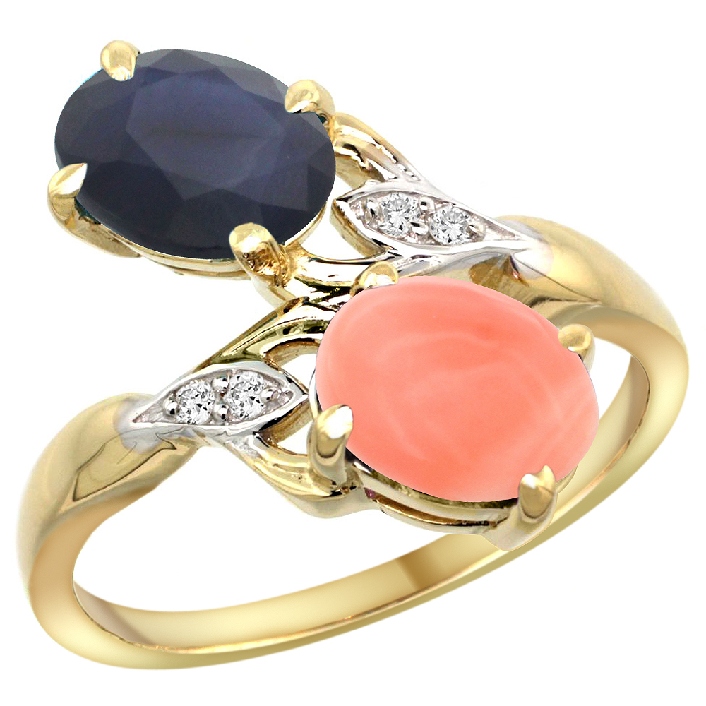 10K Yellow Gold Diamond Natural Quality Blue Sapphire & Coral 2-stone Mothers Ring Oval 8x6mm, size5 - 10