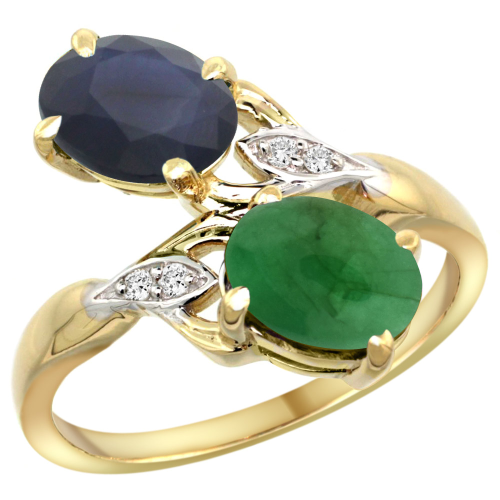10K Yellow Gold Diamond Natural Quality Blue Sapphire&Cabochon Emerald 2-stone Ring Oval 8x6mm,size5-10